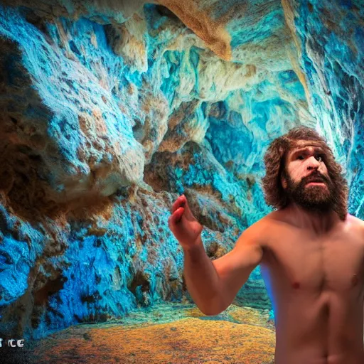 Image similar to photo of a caveman discovering blue fire for the first time, surprised reaction, award-winning photograph, soft lights, 8k