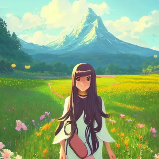 Image similar to portrait of teen girl with long black hair and bangs, detailed facial features, beautiful face, flower fields and mountains in the background, digital painting, artstation, highly detailed, by makoto shinkai and thomas kindle and James gilleard