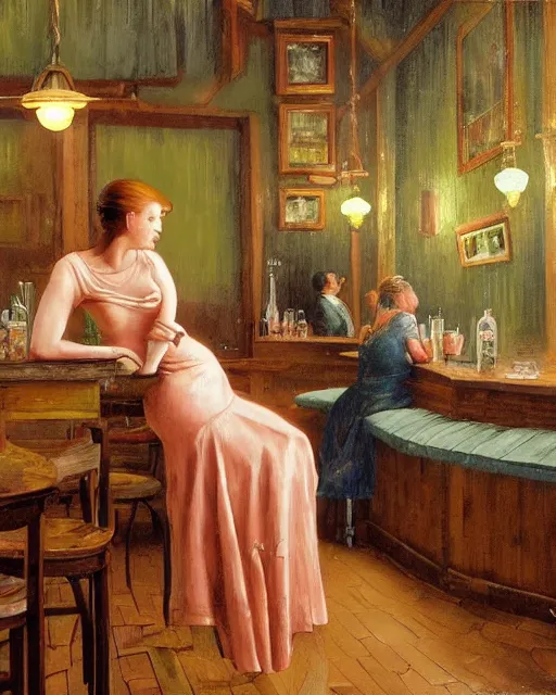Prompt: a beautiful barmaid, dimly lit cozy tavern, relaxed pose, fantasy, art deco, detailed painterly digital art style by Francis Bacon, 😍 , 8k octane beautifully detailed render, post-processing, extremely hyperdetailed, in the style of Francis Bacon and Syd Mead and Edward Hopper and Norman Rockwell and Beksinski, open ceiling, highly detailed, painted by Francis Bacon, painted by James Gilleard, surrealism, airbrush, Ilya Kuvshinov, WLOP, Stanley Artgerm, very coherent, art by Takato Yamamoto and James Jean