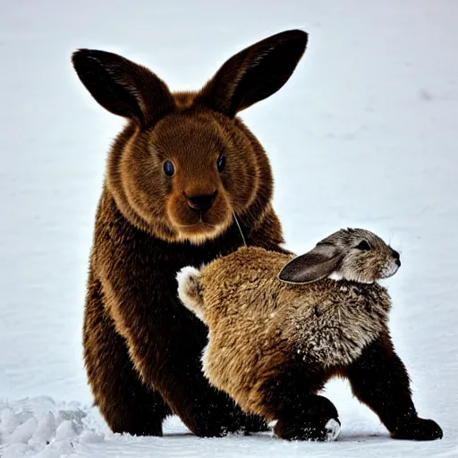 Image similar to Award Winning photo Bear plays with Rabbits in snow in the mexican desert