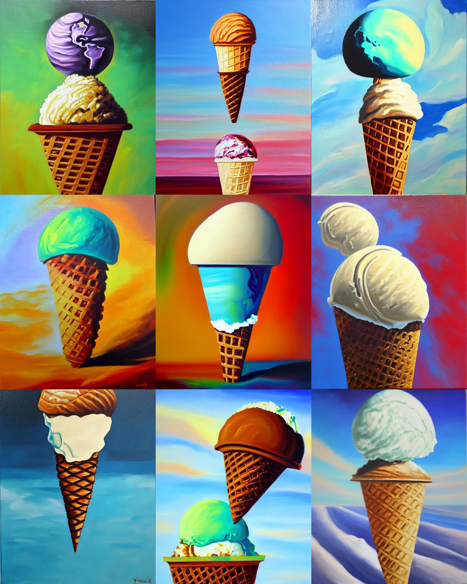 Prompt: oil on canvas, earth on ice cream cone