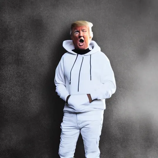 Image similar to cinematic shot of donald trump holding a skateboard, white hoodie, black jeans,