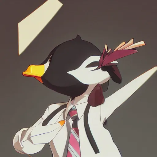 Image similar to a duck wearing a business suit, illustration concept art anime key visual trending pixiv fanbox by wlop and greg rutkowski and makoto shinkai and studio ghibli and kyoto animation symmetrical facial features