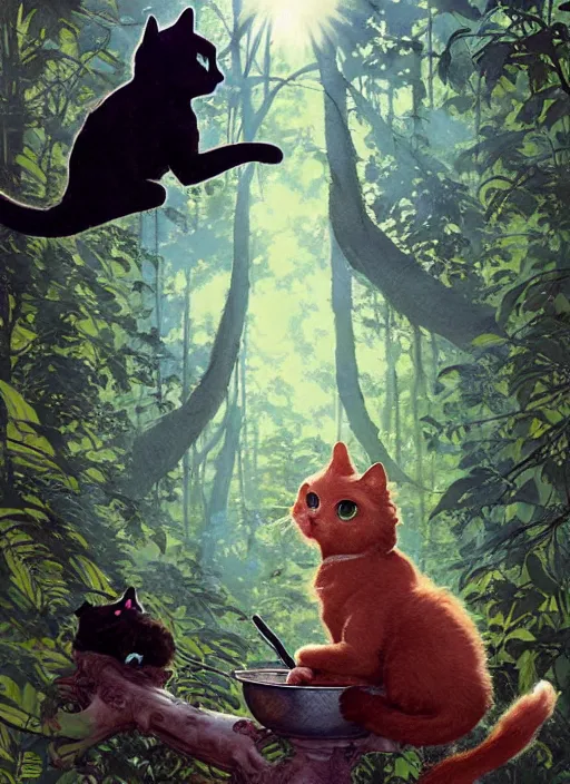 Image similar to a hyper realistic ink cat alien technology and sunbeams blue sky, lush forest foliage painting by chiara bautista and norman rockwell and greg rutkowski weta studio, and lucasfilm