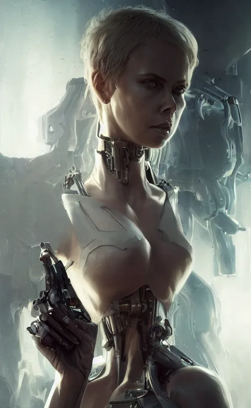 Image similar to a cyborg demon girl, charlize theron, flawless symmetrical pretty cute face, greg rutkowski, 8 k, shallow depth of field, intricate detail, concept art,