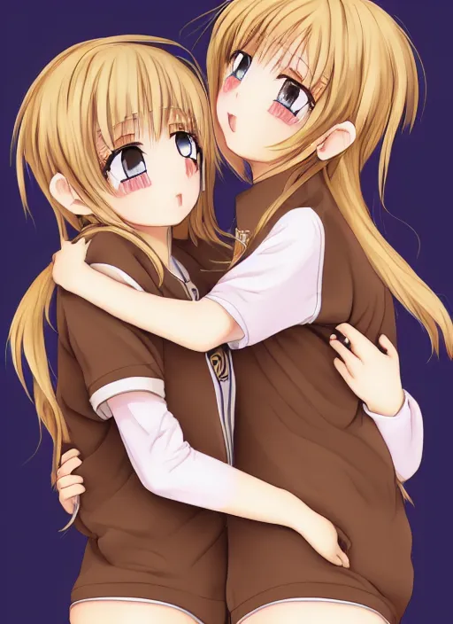 Prompt: highly detailed art of one blonde and one brown haired anime girl in onesies hugging each other looking at us, detailed eyes, happy, excited, digital art, cute, anime, detailed faces, well drawn faces, cute faces, hand drawn, 8 k, trending on artstation, official media