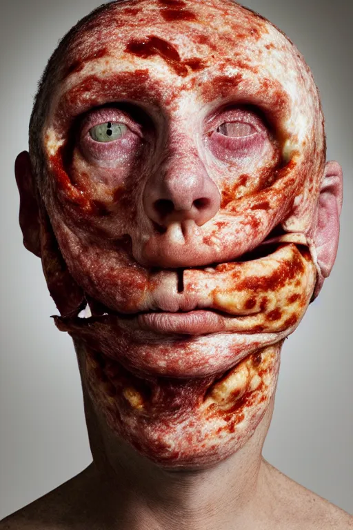 Image similar to portrait of man with facial deformity making the head a flat and circular disc, looking like a pizza, uneven skin with baked crust appearance, large freckles like burnt spots, cheeks look like tomato slices, muted colors, soft lighting, sharp focus, neutral background, masterpiece, photo by jimmy nelson, giger, cindy sherman