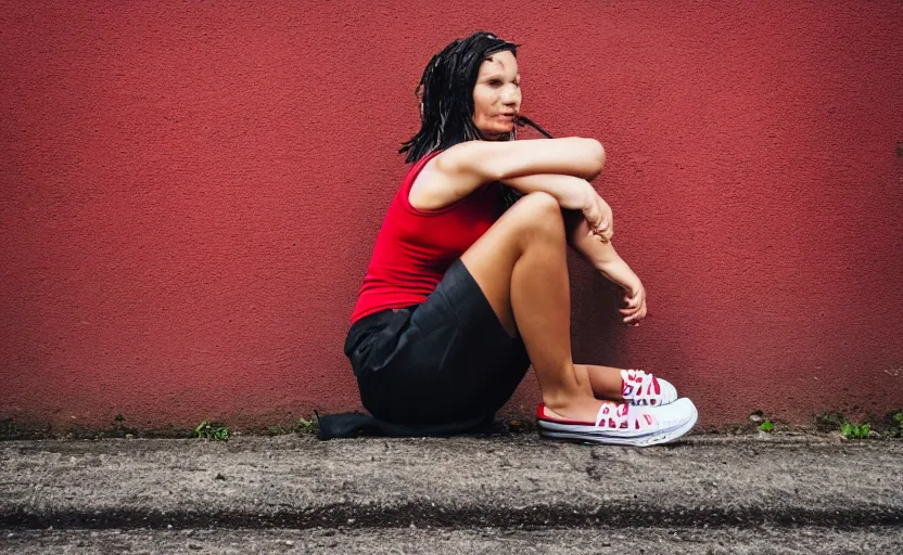 Prompt: side view of the legs of a woman sitting on a curb, very short pants, wearing red converse shoes, wet aslphalt road after rain, blurry background, sigma 8 5 mm