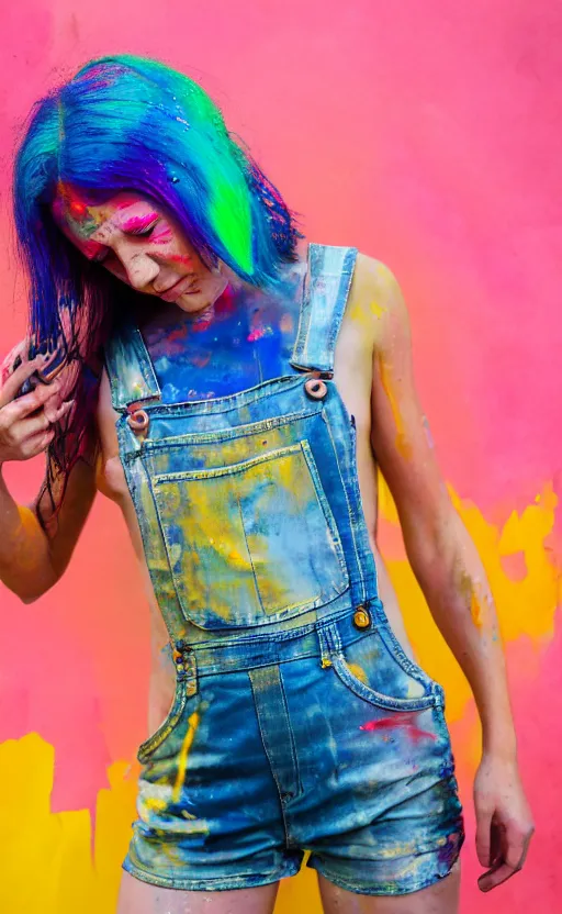 Image similar to grungy woman, rainbow hair, soft eyes and narrow chin, dainty figure, wet t-shirt, torn overalls, skimpy shorts, covered in paint, Sony a7R IV, symmetric balance, polarizing filter, Photolab, Lightroom, 4K, Dolby Vision, Photography Award