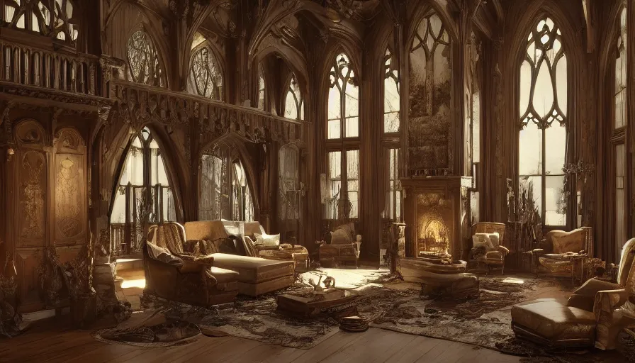 Image similar to Interior of a beautiful living room of a Neo-Gothic manor built in the snow-caped mountains, hyperdetailed, artstation, cgsociety, 8k