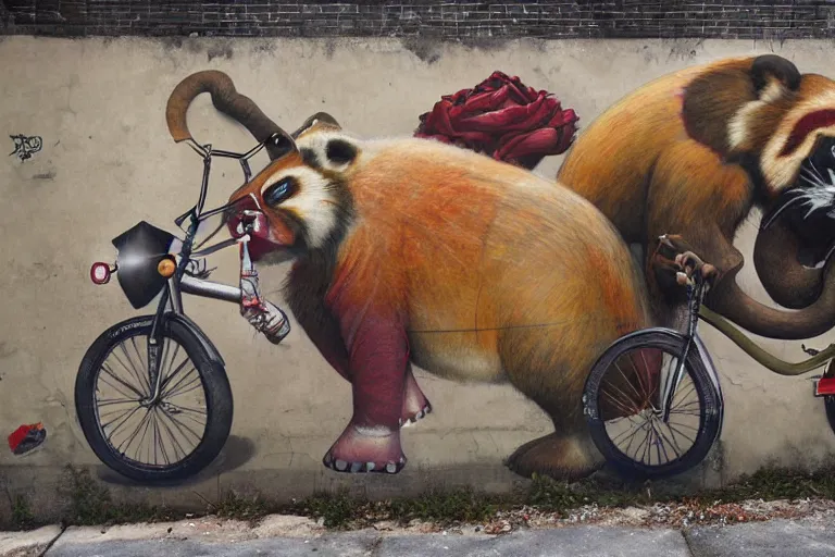 Image similar to a graffiti illustration by stom 5 0 0 and etam cru, of red pandas riding an elephant motorbike