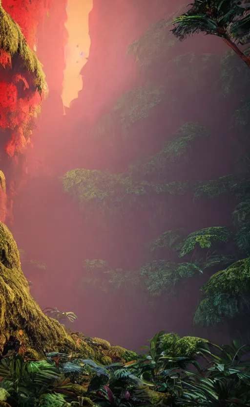 Image similar to a beautiful render of a dark prehistoric rainforest in a humongous cave, lush flora, patches of yellowish - orange, red, magenta sky, sunset, floating mountains and a waterfall in the background, intricate detail, hazy, humid, volumetric lighting, 8 k, photorealistic, raytracing effects, unreal engine 5