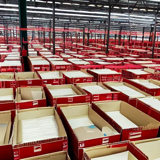 Image similar to a picture of a warehouse full of boxes with green patches over the top of each one and red patches over the sides of each one