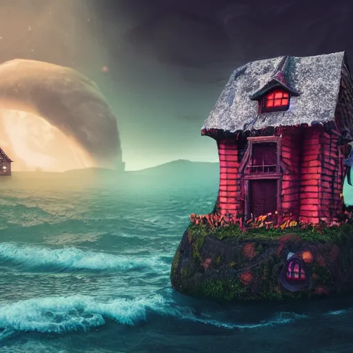 Prompt: a witches house made out of candy with a scary witch in front of the house, floating on the ocean, epic scene, fantasy, cinematic, redshift render, cgi, hyper - detailed, photo - bash, 8 k post - production, masterpiece