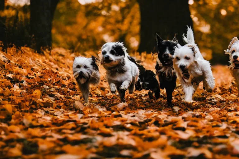 Image similar to dogs running through autumn leaves towards the camera, motion blur