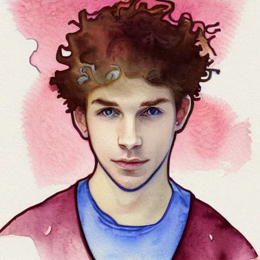 Image similar to abstract experimental watercolor drawing of a young cute handsome beautiful strawberry blond medium curly hair man in his early 2 0 s wearing a blank maroon t - shirt with grey - blue eyes, by elizabeth peyton and alphonse mucha, trending on artstation, artgen