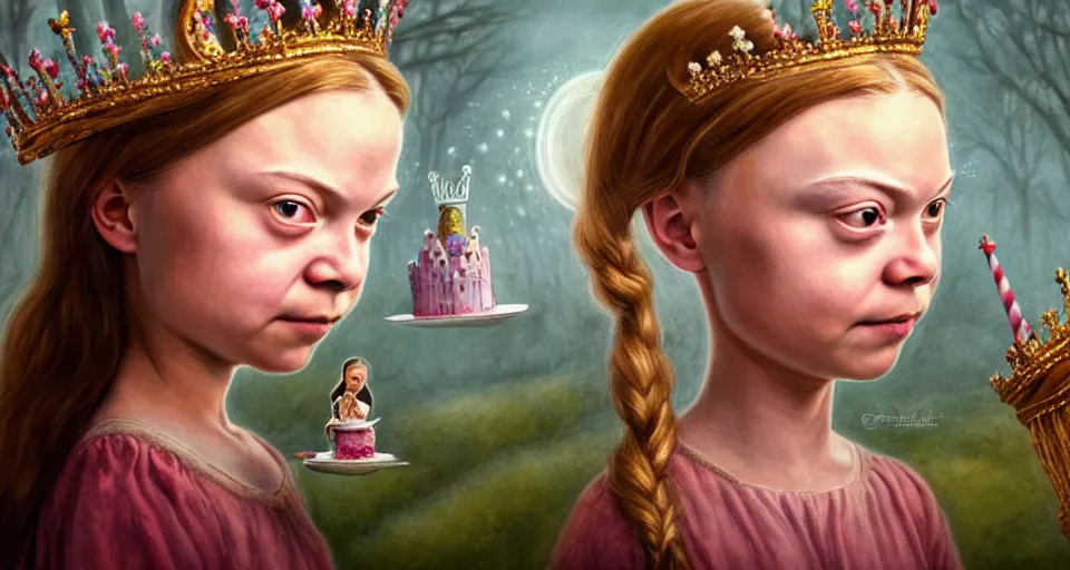 Prompt: closeup profile portrait of greta thunberg as a fairytale princess wearing a crown eating cakes in the castle kitchen, nicoletta ceccoli, mark ryden, lostfish, max fleischer, hyper realistic, artstation, illustration, digital paint, matte paint, vivid colors, bright, cheerful, detailed and intricate environment