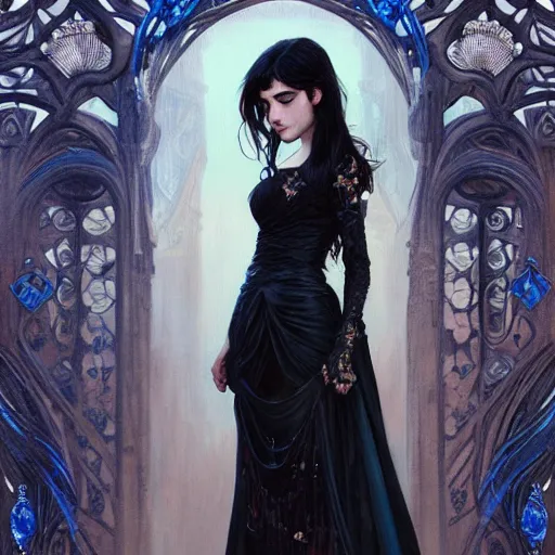 Image similar to portrait of teenage girl with long glossy black hair, blue eyes, glowing skin, fashion model features, fantasy, intricate, elegant, black dress, highly detailed, digital painting, artstation, concept art, smooth, sharp focus, illustration, art by Krenz Cushart and Artem Demura and alphonse mucha