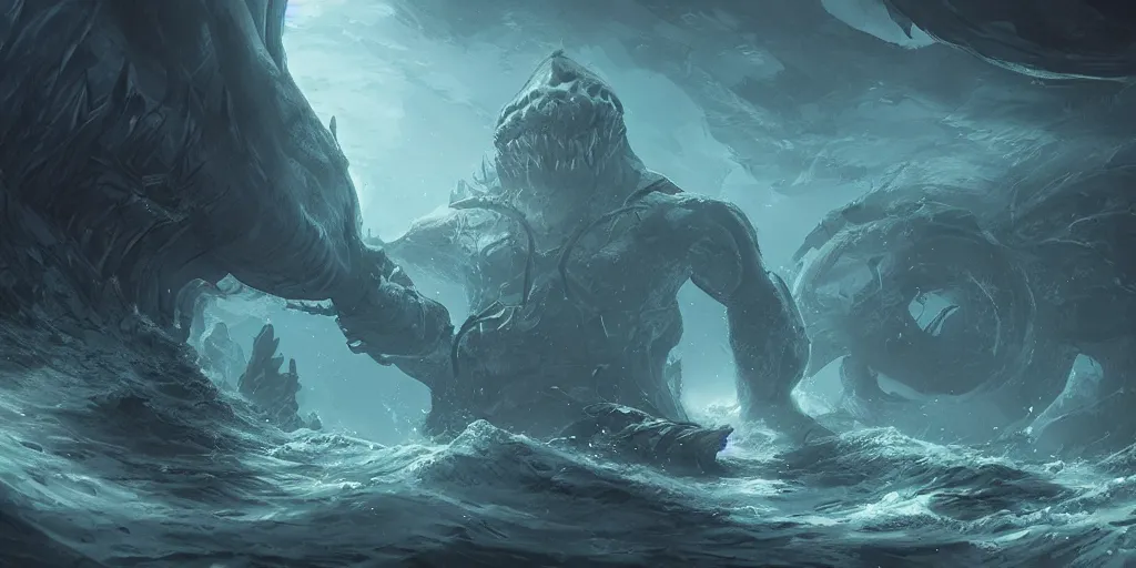 Prompt: Deep under the sea with an enormous evil creature looming in the distance, digital art, trending on artstation,