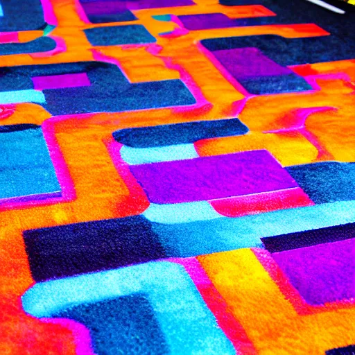 Prompt: Albedo texture of dark blacklight arcade carpet with colored shapes and outlines on it
