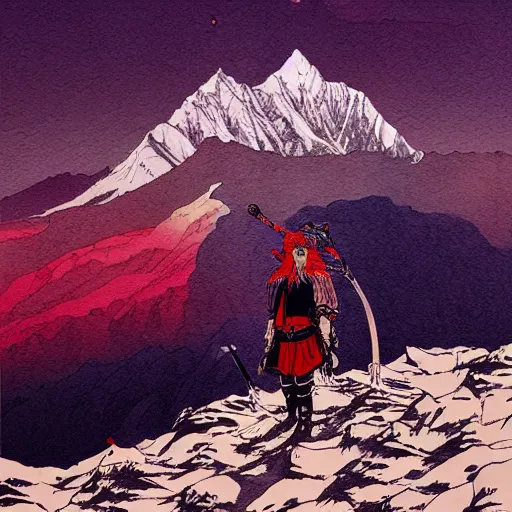 Prompt: painting of a lonesome warrior at the peak of himalayas, style of kentaro miura and conrad roset