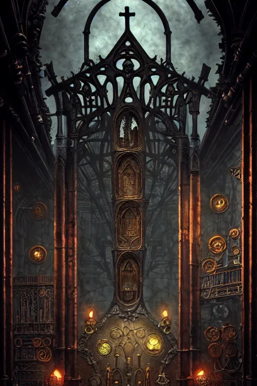 Image similar to steam necropolis, memento mori, gothic, neo - gothic, art nouveau, hyperdetailed copper patina medieval icon, stefan morrell, philippe druillet, ralph mcquarrie, concept art, steampunk, unreal engine, detailed intricate environment, octane render, moody atmospherics, volumetric lighting, ultrasharp, ominous, unearthly