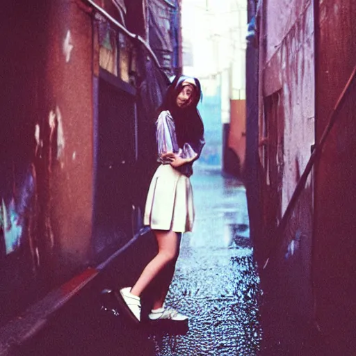 Image similar to 1990s perfect 8K HD professional cinematic photo of close-up japanese schoolgirl posing in sci-fi dystopian alleyway at morning during rain, at instagram, Behance, Adobe Lightroom, with instagram filters, depth of field, taken with polaroid kodak portra