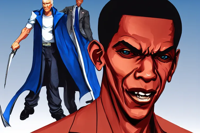 Prompt: Fusion of Barak Obama and Vergil from the game Devil May Cry in the style of Araki Hirohiko, concept art