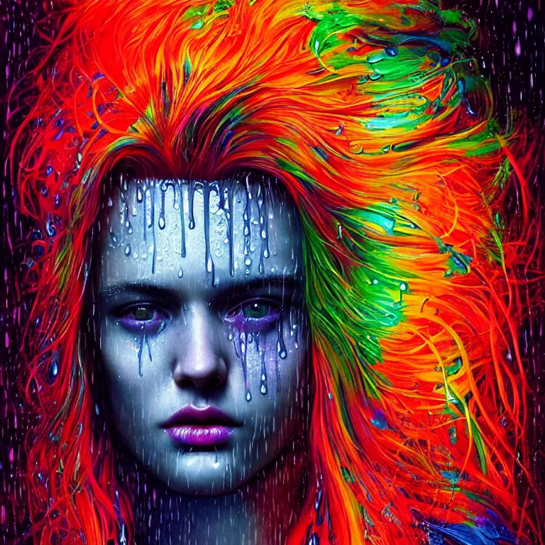 Image similar to bright asthetic portrait of LSD in rain with wet hair and face, liquid, fantasy, intricate, elegant, dramatic lighting, highly detailed, lifelike, photorealistic, digital painting, artstation, illustration, concept art, smooth, sharp focus, art by John Collier and Albert Aublet and Krenz Cushart and Artem Demura and Alphonse Mucha