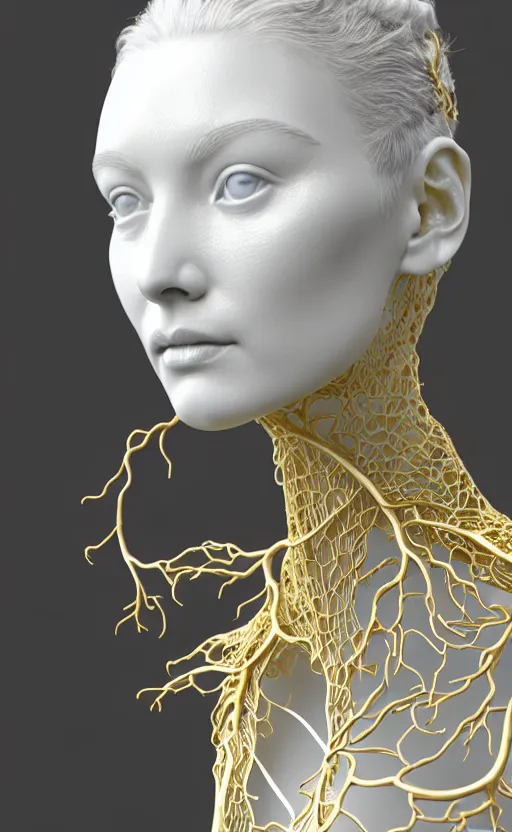 Image similar to complex 3d render of a beautiful porcelain profile woman face, hazel eyes, ultra detailed, vegetal dragon cyborg, 150 mm, beautiful natural soft light, rim light, silver gold lemon metallic details, magnolia big leaves and stems, roots, fine lace, maze like, mandelbot fractal, anatomical, facial muscles, cable wires, microchip, elegant, white metallic armour, octane render, black and white, H.R. Giger style