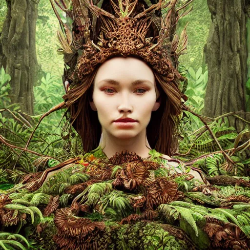 Prompt: the forest queen, 4 k, intricate detailed, jaw dropping, gorgeous, surreal, octane render