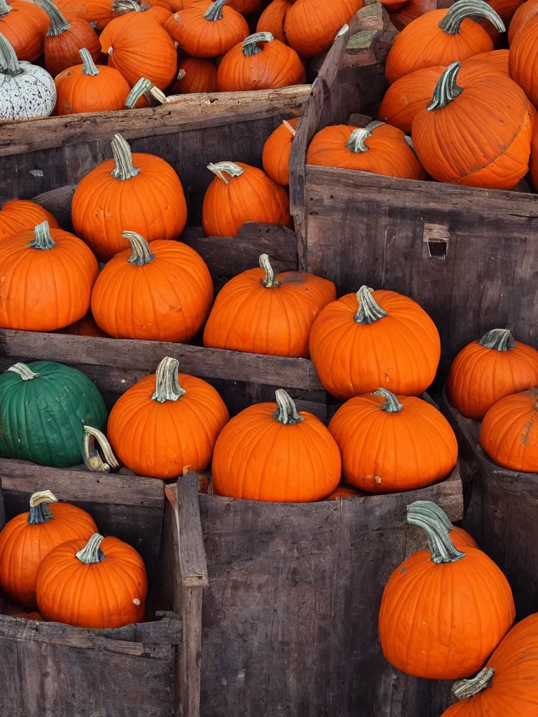 Image similar to photorealistic pumpkins in a wood bin, farmer's market setting, vivid colors, soft lighting, atmospheric, cinematic, 8k