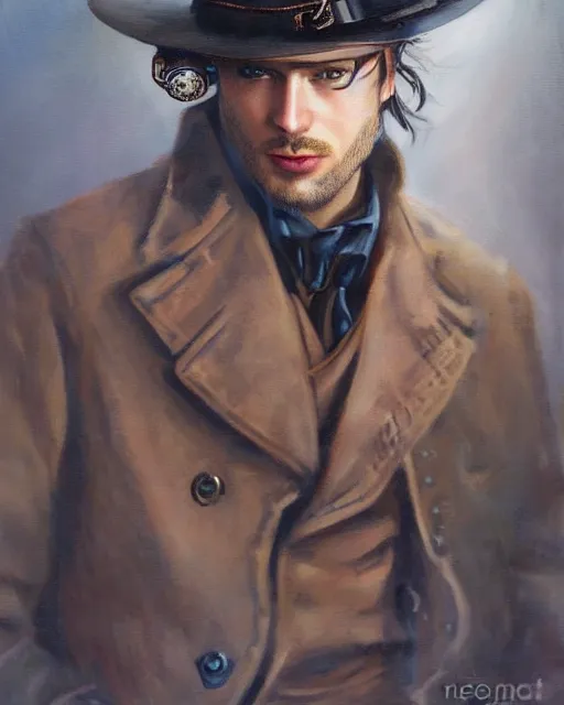Prompt: steampunk male portrait, handsome, steampunk hat, detective coat, steampunk monocle, dramatic oil painting by robert lesser, pulp art, dramatic lighting, sharp focus, luminous,