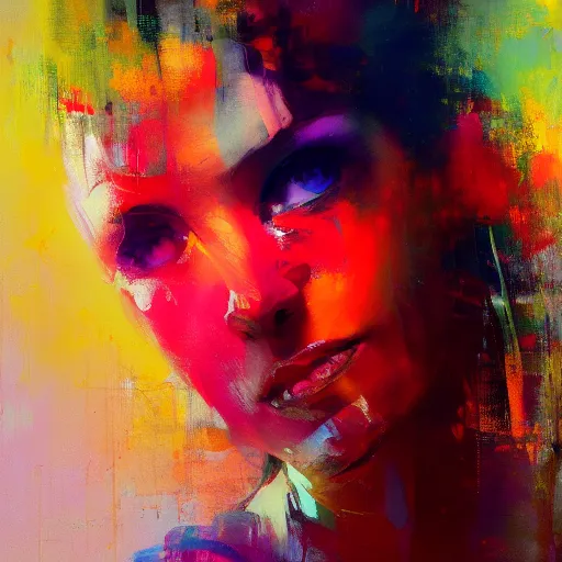 Prompt: high quality abstract painting of a woman in bright colours by jeremy mann