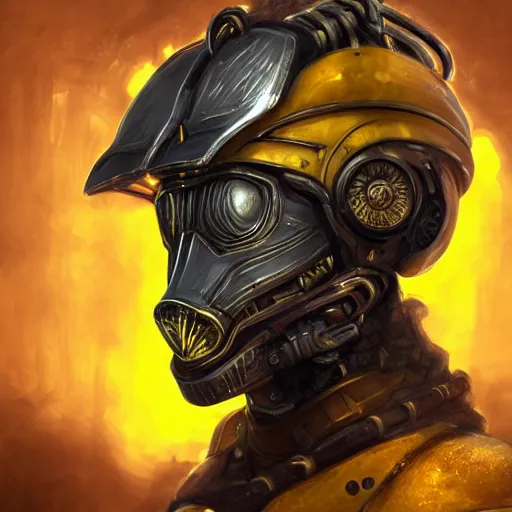 Prompt: helmet lion cyberpunk made of yellow lava and fire in wahyudi ramadhani style, profile portrait, cyberpunk fashion, realistic shaded perfect face, fine details, very dark environment, misty atmosphere, closeup, d & d, fantasy, intricate, elegant, highly detailed, digital painting, artstation, concept art, matte, sharp focus, illustration, hearthstone