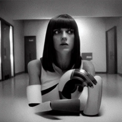 Image similar to movie still of robotic mia wallace, cinematic composition, cinematic light, criterion collection, by quentin tarantino