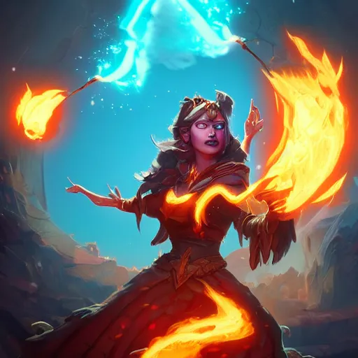 Prompt: The sorceress casting a fireball, Official Hearthstone artwork by Greg Rutkowski in Hearthstone Art style