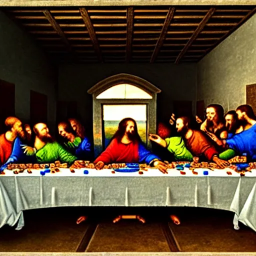 Image similar to a splay-paint graffiti art of The Last Supper by Da Vinci