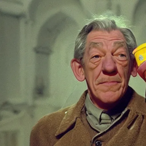 Prompt: film still of ian mckellen, baked beans raining from the sky