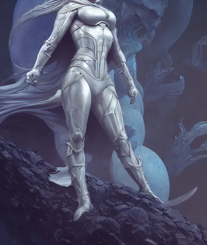 Image similar to female moon knight, hyper detailed, dynamic background, digital art, trending in artstation, cinematic lighting, studio quality, smooth render, unreal engine 5 rendered, octane rendered, art style by klimt and nixeu and ian sprigger and wlop and krenz cushart