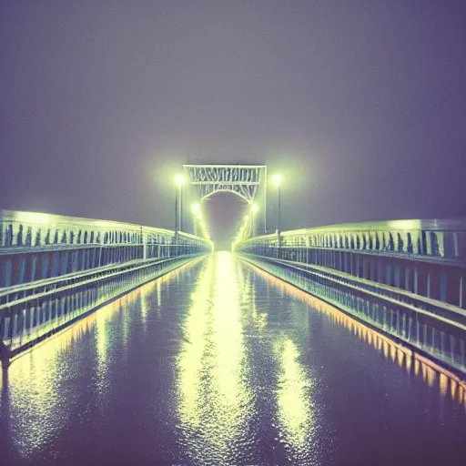 Prompt: bridge of san francicso photography,night,rain,mist, cinestill 800t, in the style of William eggleston