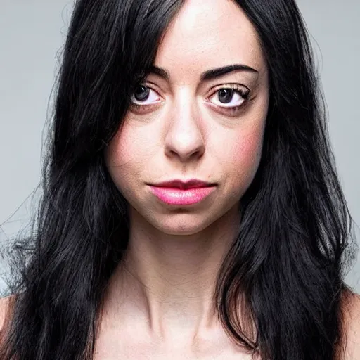 Image similar to a girl with long black hair, her face is a mix between aubrey plaza, krysten ritter and sarah hyland