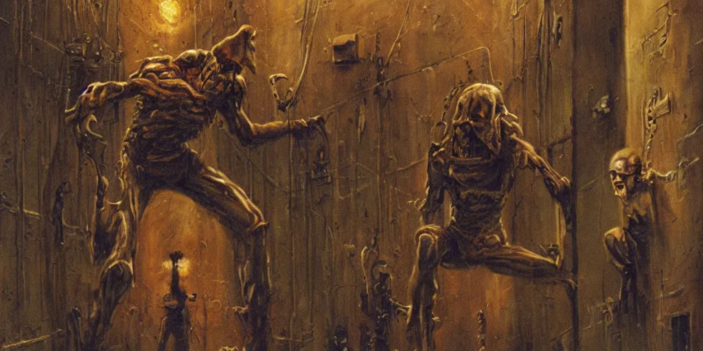 Prompt: Artwork by Les Edwards of the cinematic view of the Seventh Terrifying Prison.