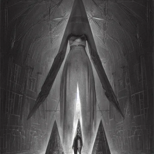 Prompt: Pyramid Head is in love, intricate, highly detailed, fullbody, artstation, dark fantasy, horror, Silent Hill game, concept art, smooth, sharp focus, illustration, art by greg rutkowski and orientalism and bouguereau and Zdzislaw Beksinski, good clear quality, lighting, biology, symmetrical artwork, perfect face, 135 mm, cinematic, hyper realism, high detail, octane render, 8k, chrome accents