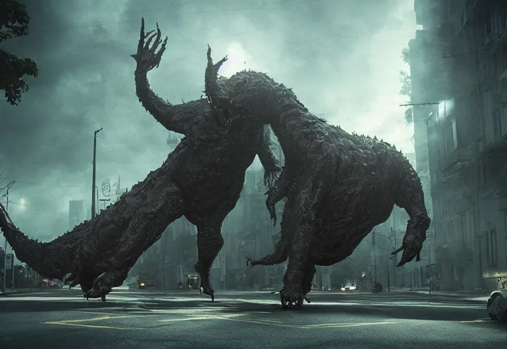 Prompt: vfx color film, huge monster creature by aaron sims, in residential street, low - key lighting award winning photography arri alexa cinematography, hyper real photorealistic cinematic beautiful, atmospheric