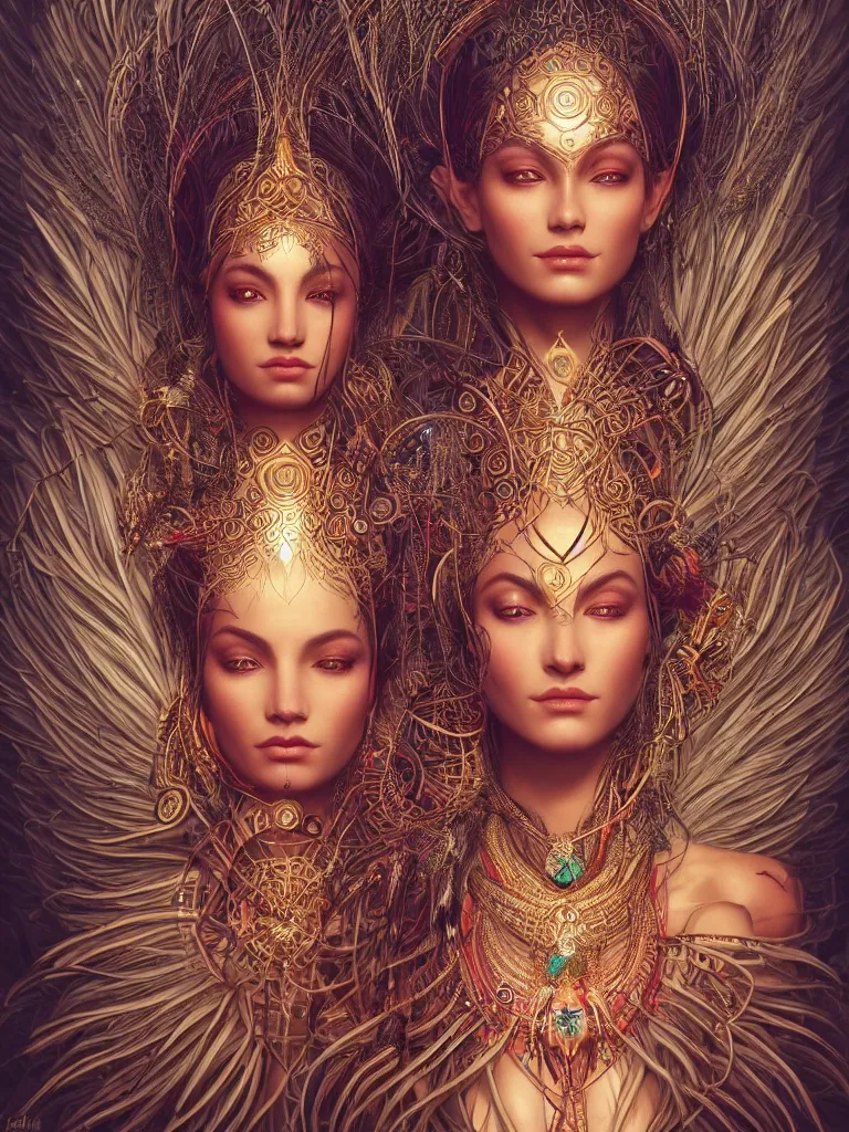 Image similar to a centered render of a single alluring mystical tribal goddess adorned with feathers and gemstones and cables and synthesizer parts is surrounded by sacred geometry made from elven architecture, full body, gorgeous, perfect face, powerful, cinematic, beautifully lit, by artgerm, by karol bak, 3 d, trending on artstation, octane render, 8 k