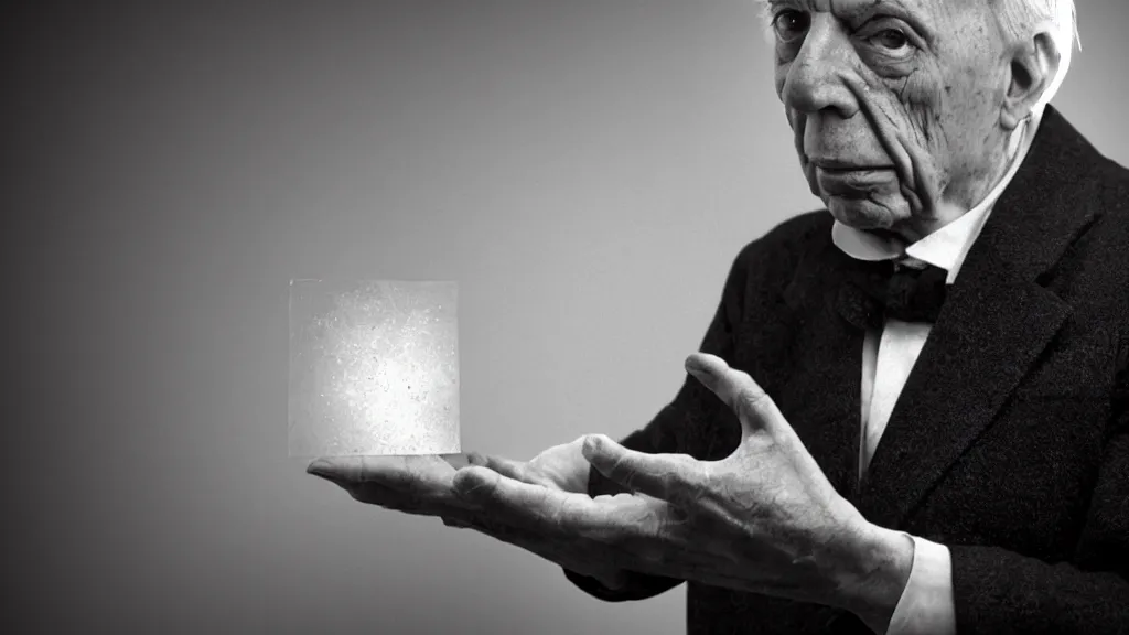 Prompt: Jorge Luis Borges with non-euclidean being in his hand. Hyper realistic, Dark-Art, 8K, concept art, filmic, HDR, volumetric lighting, highly detailed, cinematic lighting, artstation, vibrant nature, volumetric light, octane render, redshift render, camera close up, rich deep moody colors, ultra realistic
