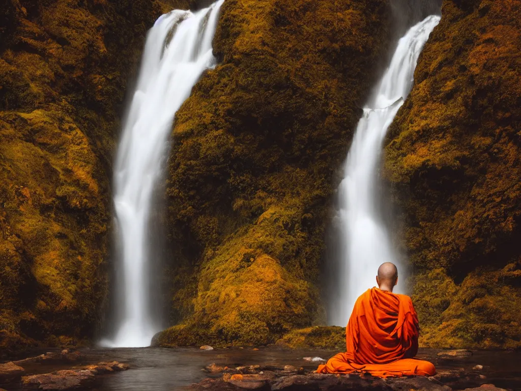 Image similar to dang ngo, annie leibovitz, steve mccurry, a simply breathtaking shot of mediating monk in orange, giantic waterfall, bright moonlight, golden ratio, wide shot, symmetrical