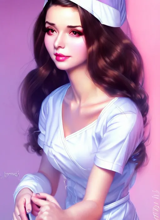 Prompt: glamorous and sexy nurse in blouse, beautiful, pearlescent skin, natural beauty, seductive eyes and face, elegant girl, lacivious pose, natural beauty, very detailed face, seductive lady, full body portrait, natural lights, photorealism, summer vibrancy, cinematic, a portrait by artgerm, rossdraws, Norman Rockwell, magali villeneuve, Gil Elvgren, Alberto Vargas, Earl Moran, Enoch Bolles