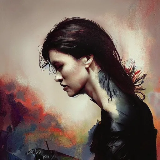 Image similar to morning, a woman in a black dress with raven for a head. sun, cinematic, clouds, vogue cover style, contracting colors mood, realistic painting, intricate oil painting, high detail, figurative art, multiple exposure, poster art, 3 d, by simon bisley, ismail inceoglu, wadim kashin, filip hodas.